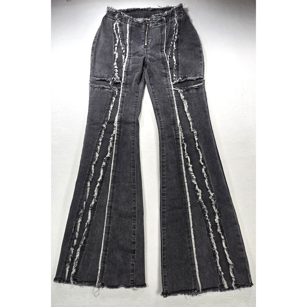 SHEIN Black Frayed Raw Edge Flare Jeans High Rise Deconstructed‎ Punk Size 26